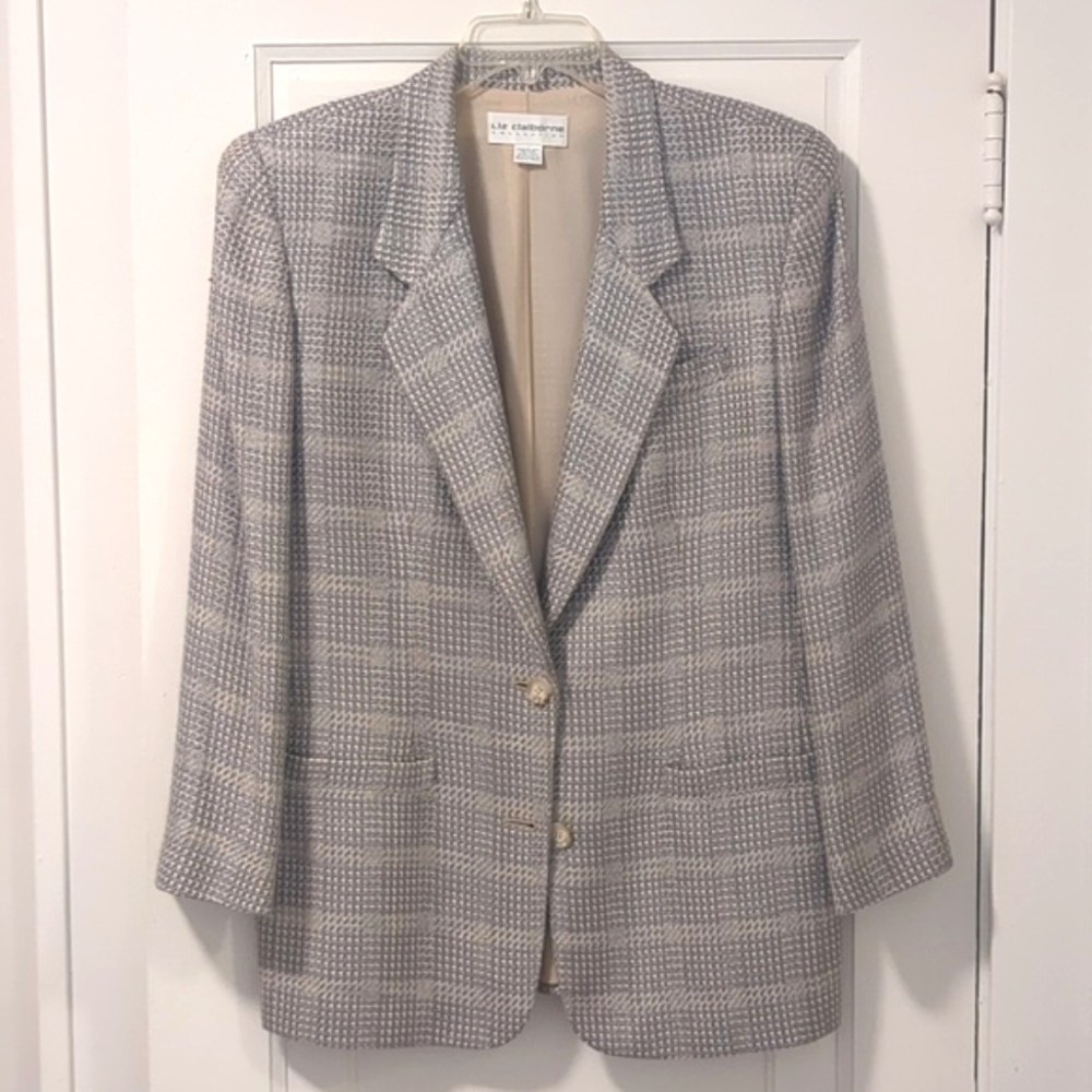 Liz Claiborne 90s tweed grey light blue oversize blazer 12